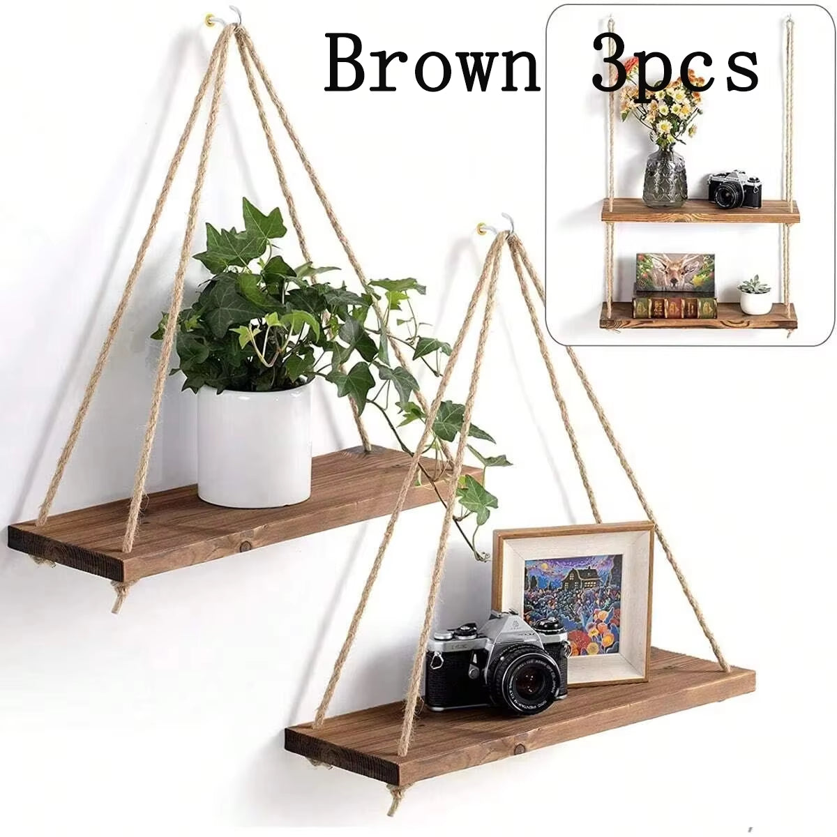 Wooden Wall-Mounted Floating Shelf with Hemp Rope for Plant and Flower Pot Storage - Home Living Room Garden Decoration