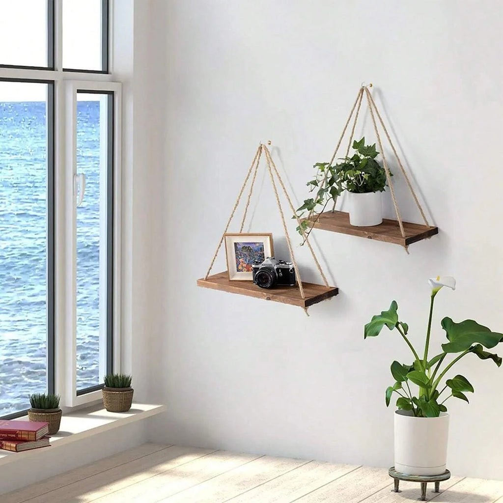 Wooden Wall-Mounted Floating Shelf with Hemp Rope for Plant and Flower Pot Storage - Home Living Room Garden Decoration