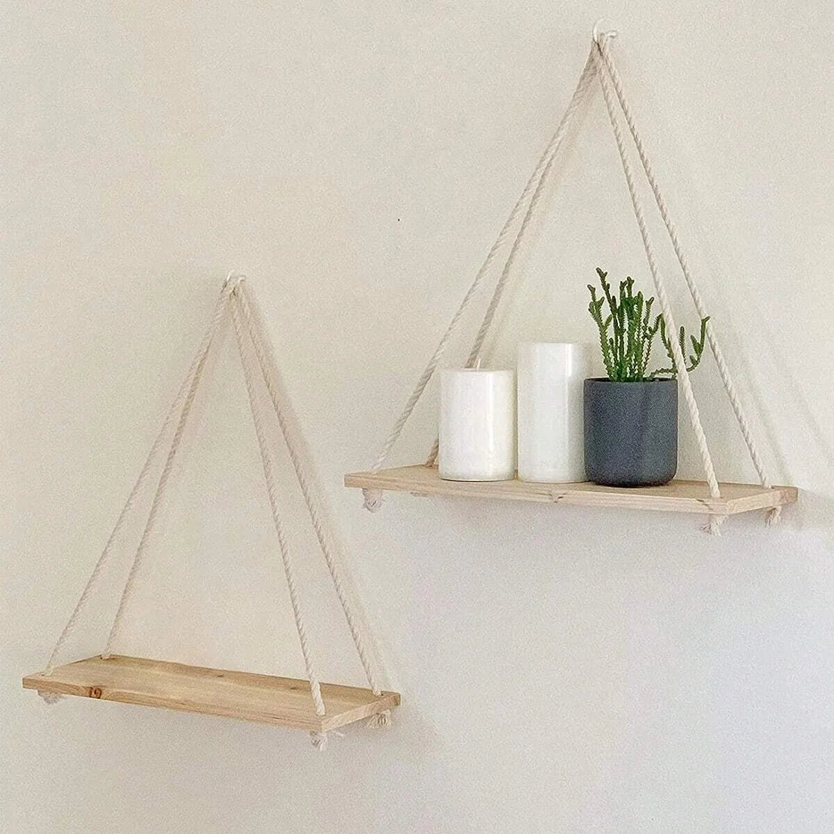 Wooden Wall-Mounted Floating Shelf with Hemp Rope for Plant and Flower Pot Storage - Home Living Room Garden Decoration