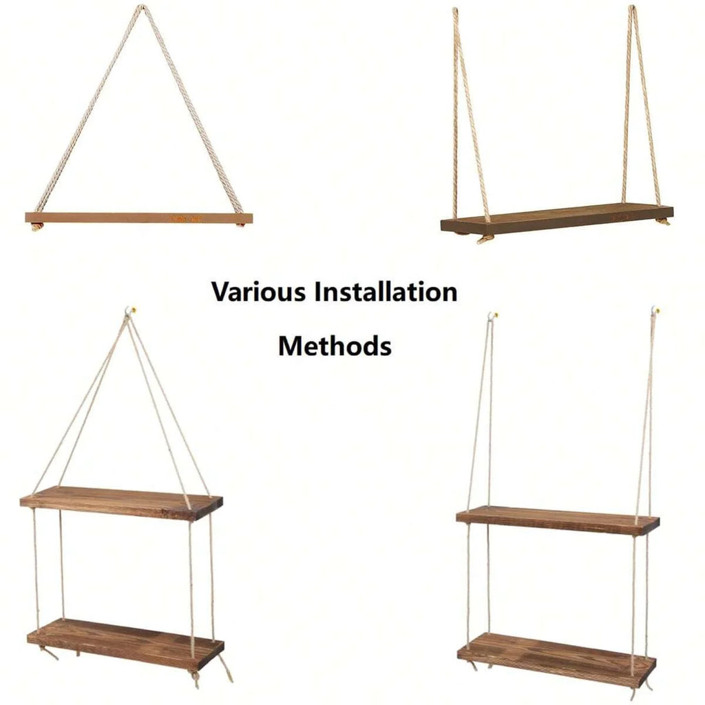 Wooden Wall-Mounted Floating Shelf with Hemp Rope for Plant and Flower Pot Storage - Home Living Room Garden Decoration