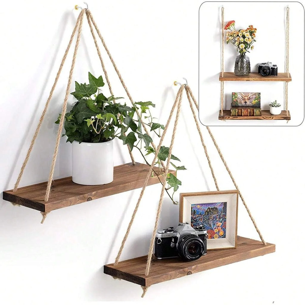 Wooden Wall-Mounted Floating Shelf with Hemp Rope for Plant and Flower Pot Storage - Home Living Room Garden Decoration