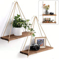 Wooden Wall-Mounted Floating Shelf with Hemp Rope for Plant and Flower Pot Storage - Home Living Room Garden Decoration
