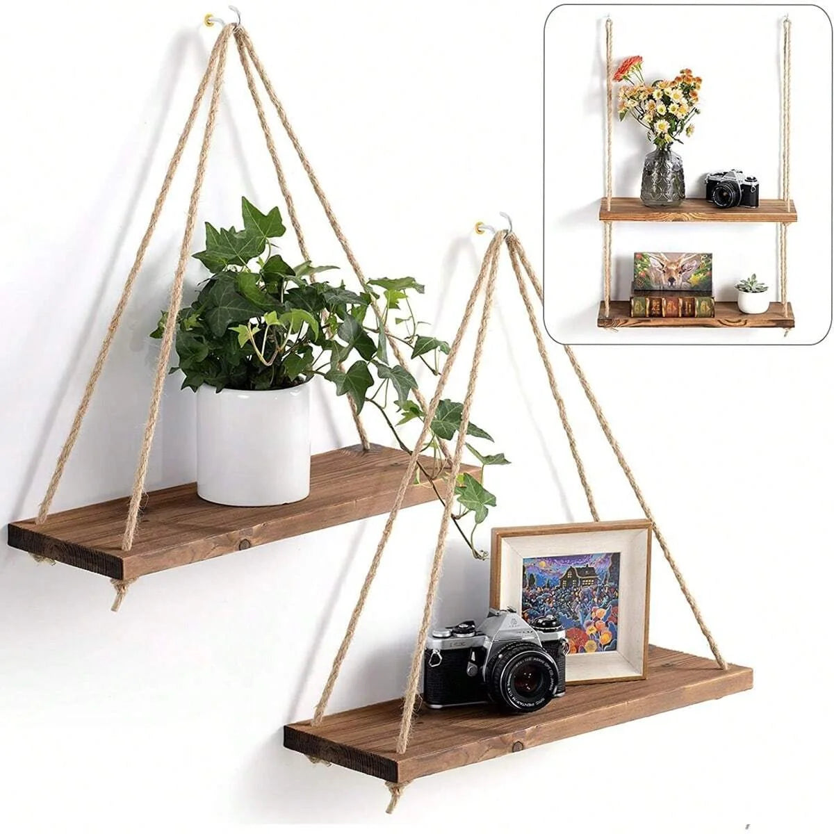 Wooden Wall-Mounted Floating Shelf with Hemp Rope for Plant and Flower Pot Storage - Home Living Room Garden Decoration