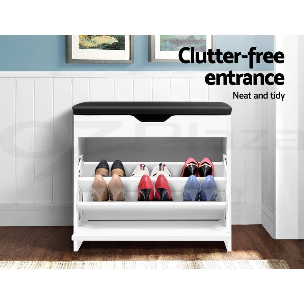 Artiss 3-Tier White Shoe Rack Storage Cabinet with Bench Organizer