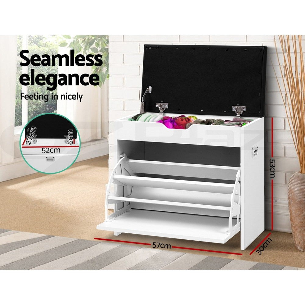 Artiss 3-Tier White Shoe Rack Storage Cabinet with Bench Organizer