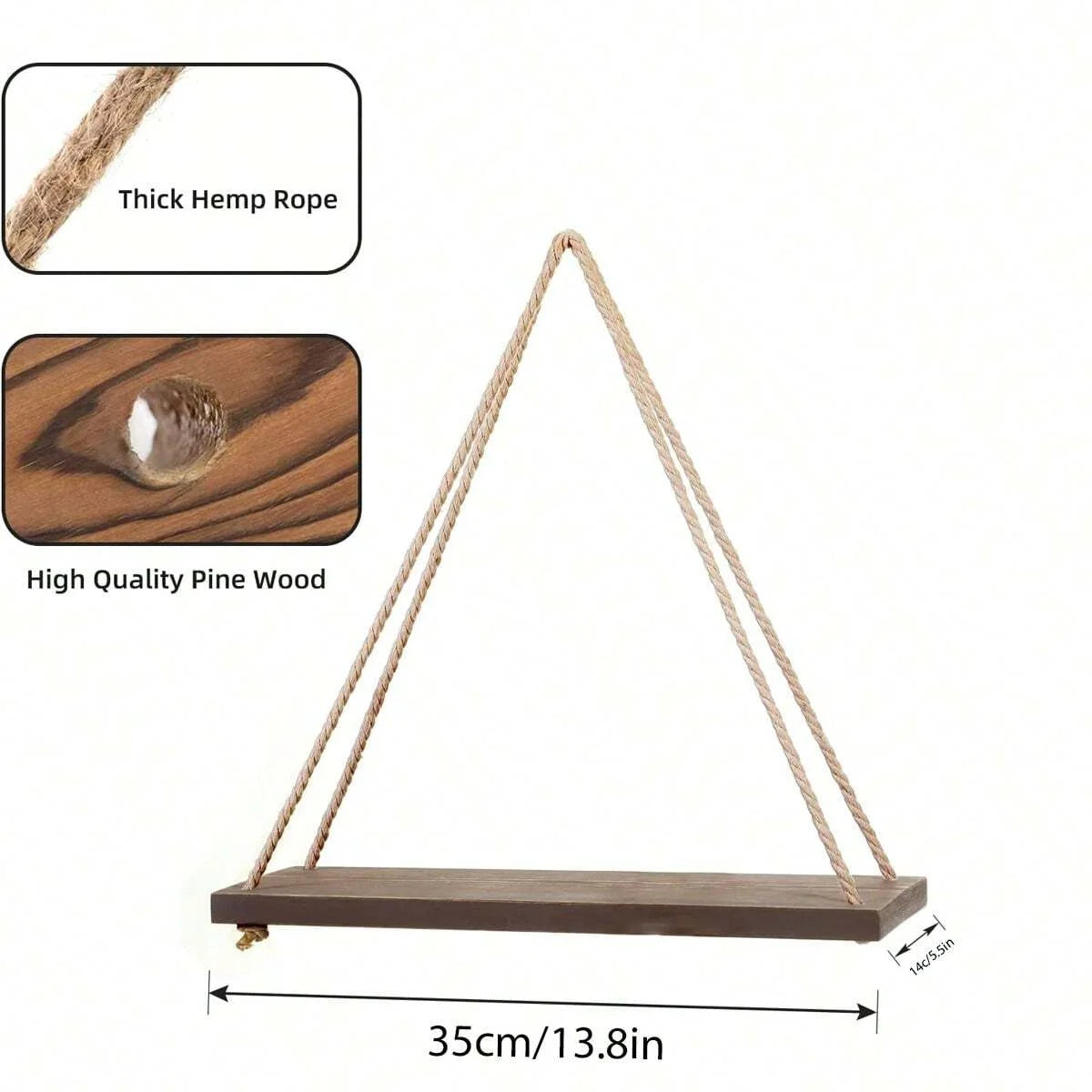 Wooden Wall-Mounted Floating Shelf with Hemp Rope for Plant and Flower Pot Storage - Home Living Room Garden Decoration