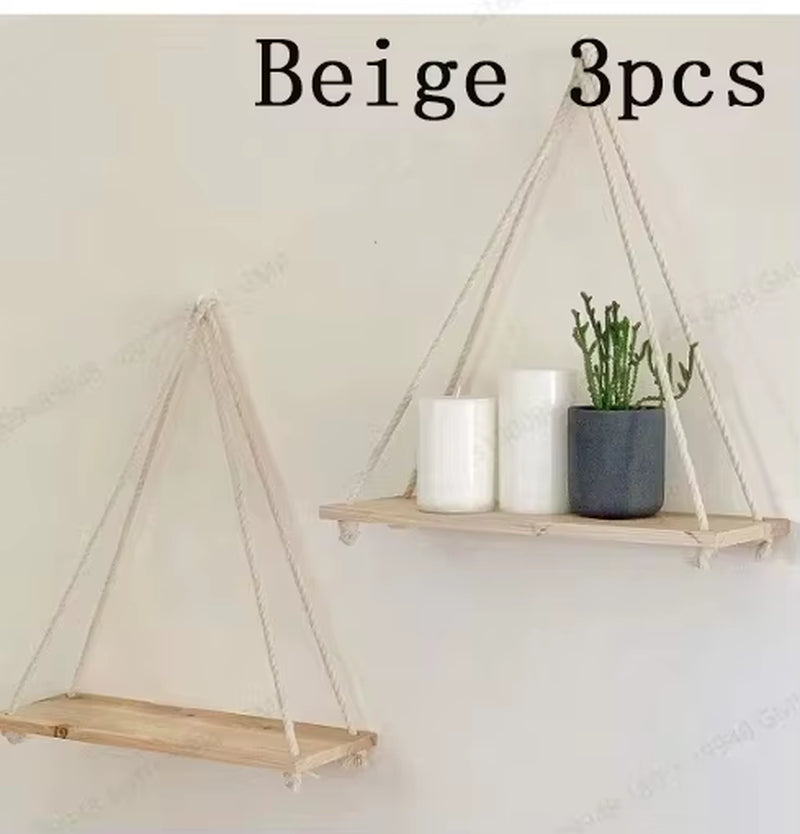 Wooden Wall-Mounted Floating Shelf with Hemp Rope for Plant and Flower Pot Storage - Home Living Room Garden Decoration