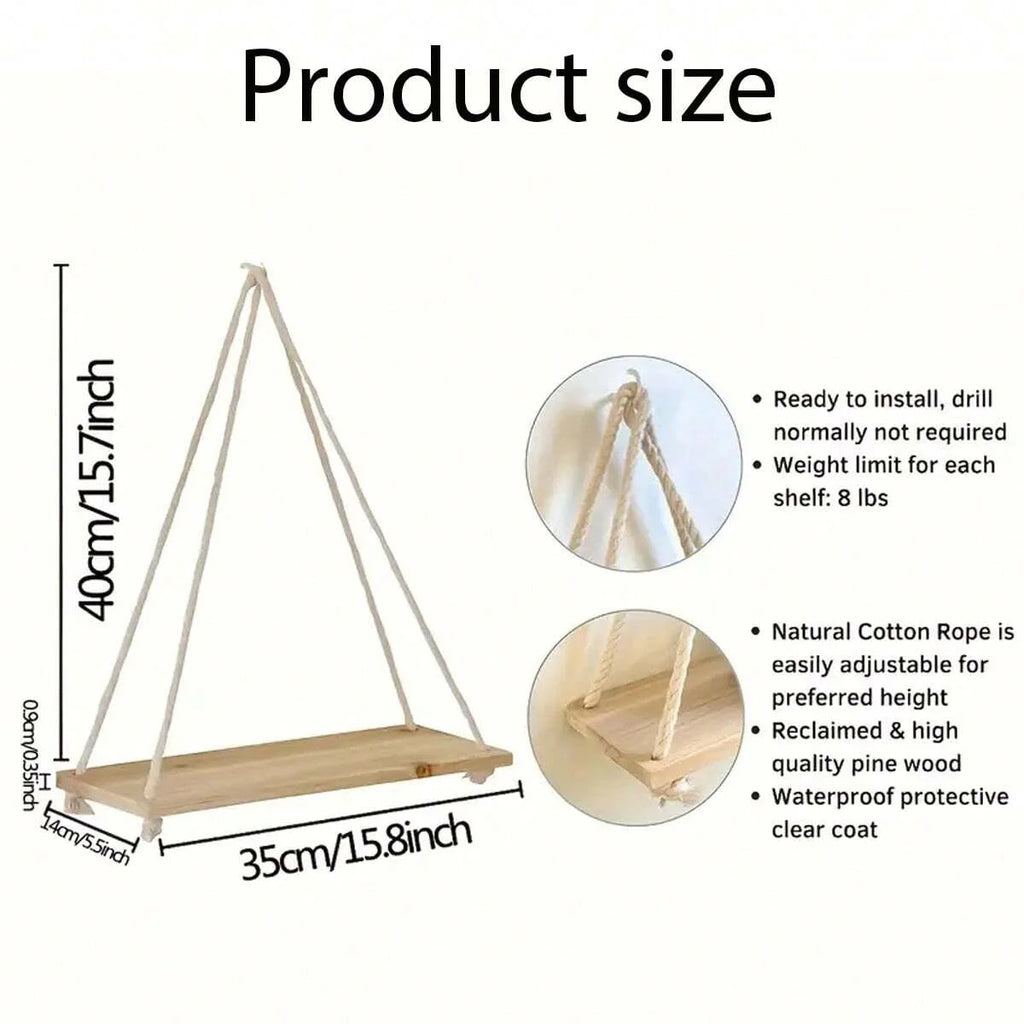 Wooden Wall-Mounted Floating Shelf with Hemp Rope for Plant and Flower Pot Storage - Home Living Room Garden Decoration