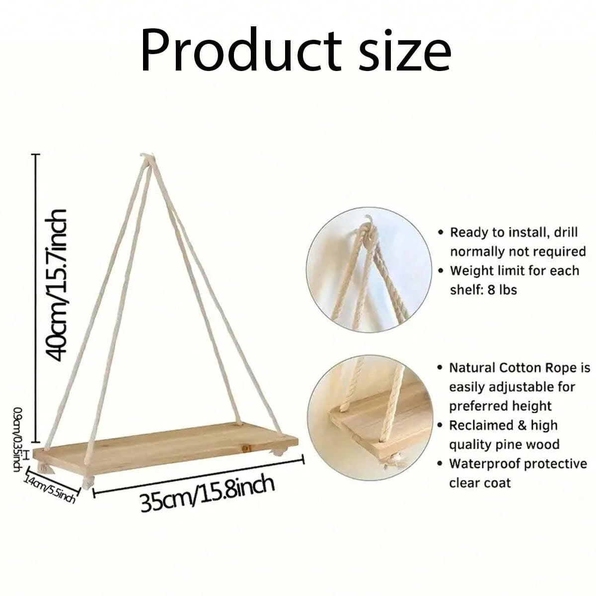 Wooden Wall-Mounted Floating Shelf with Hemp Rope for Plant and Flower Pot Storage - Home Living Room Garden Decoration