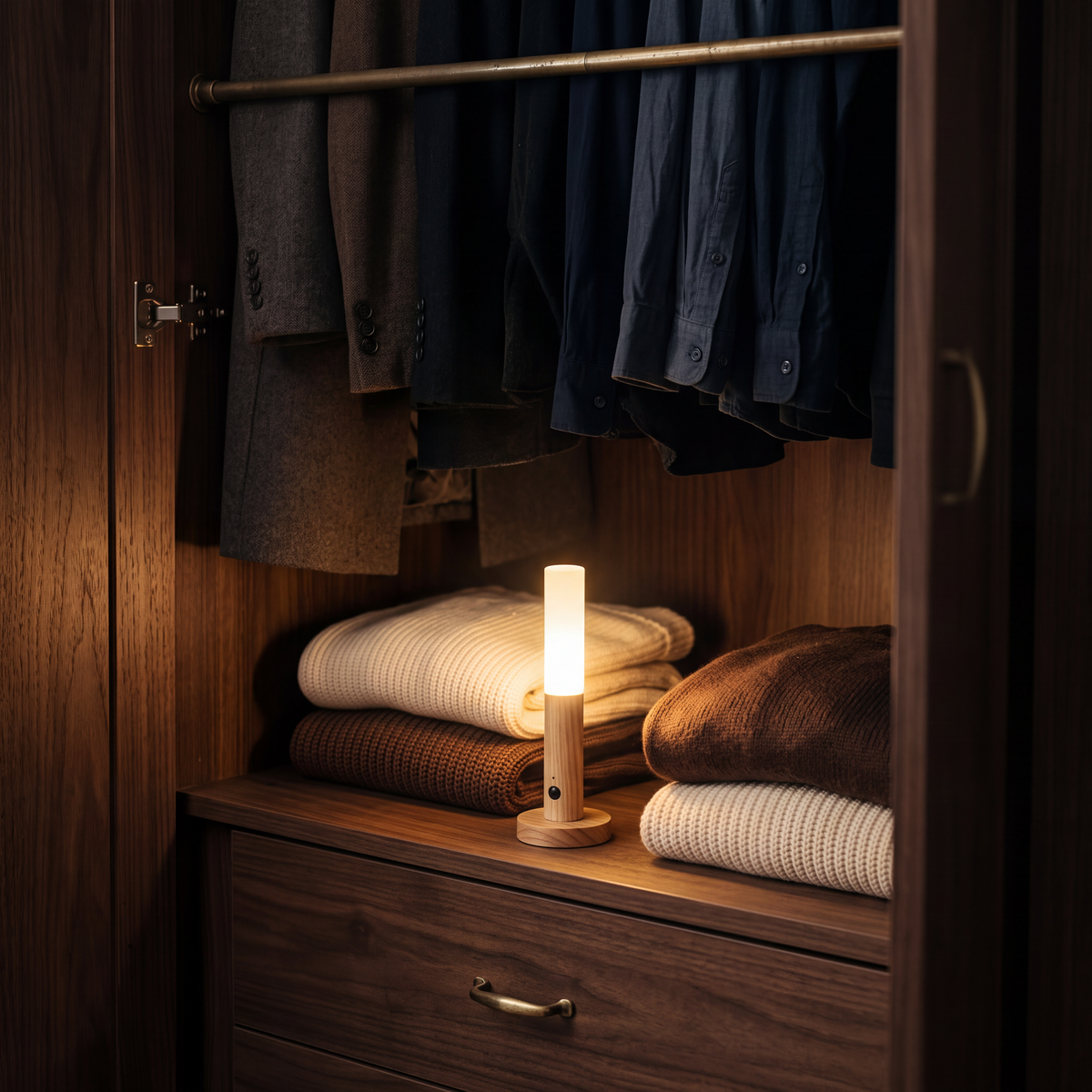 Night light standing on a wardrobe shelf illuminating folded knitwear