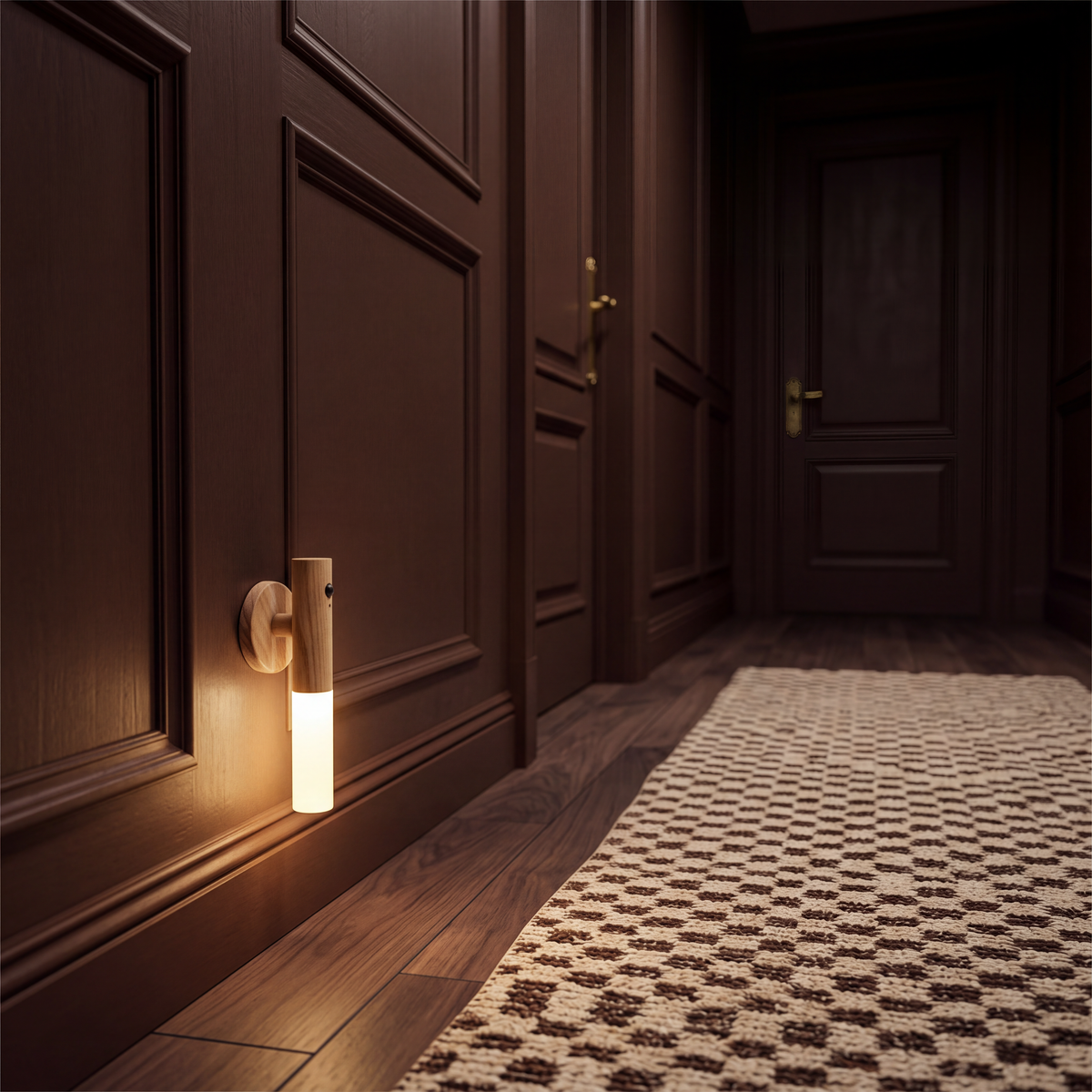 Motion sensor night light lighting a darkened hallway and timber floor