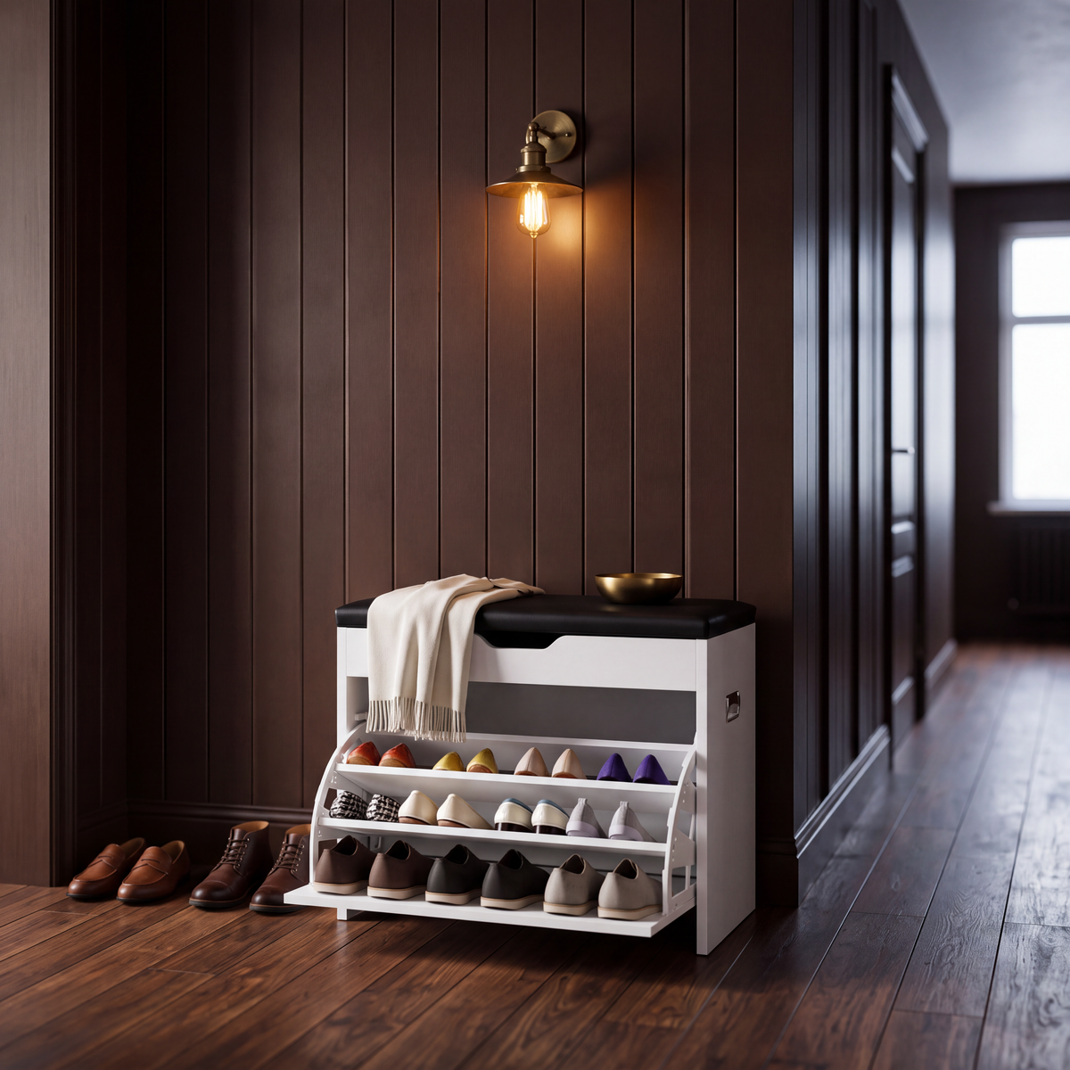 White shoe cabinet bench in an entryway with shoes on the open tiers