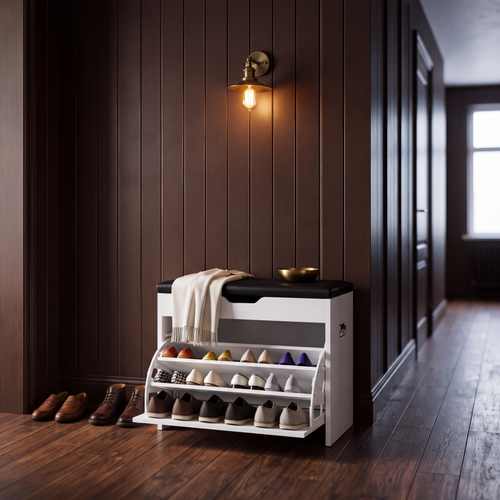 White shoe cabinet bench in an entryway with shoes on the open tiers