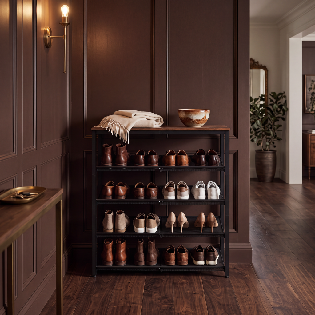 Five tier shoe rack against a panelled wall in an entryway holding shoes