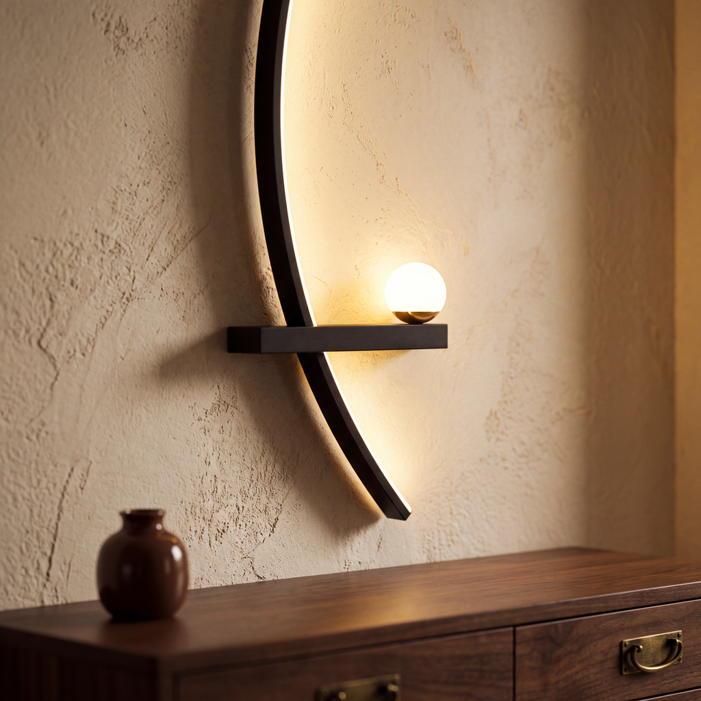 Close view of the crescent lamp lit against a warm plaster wall