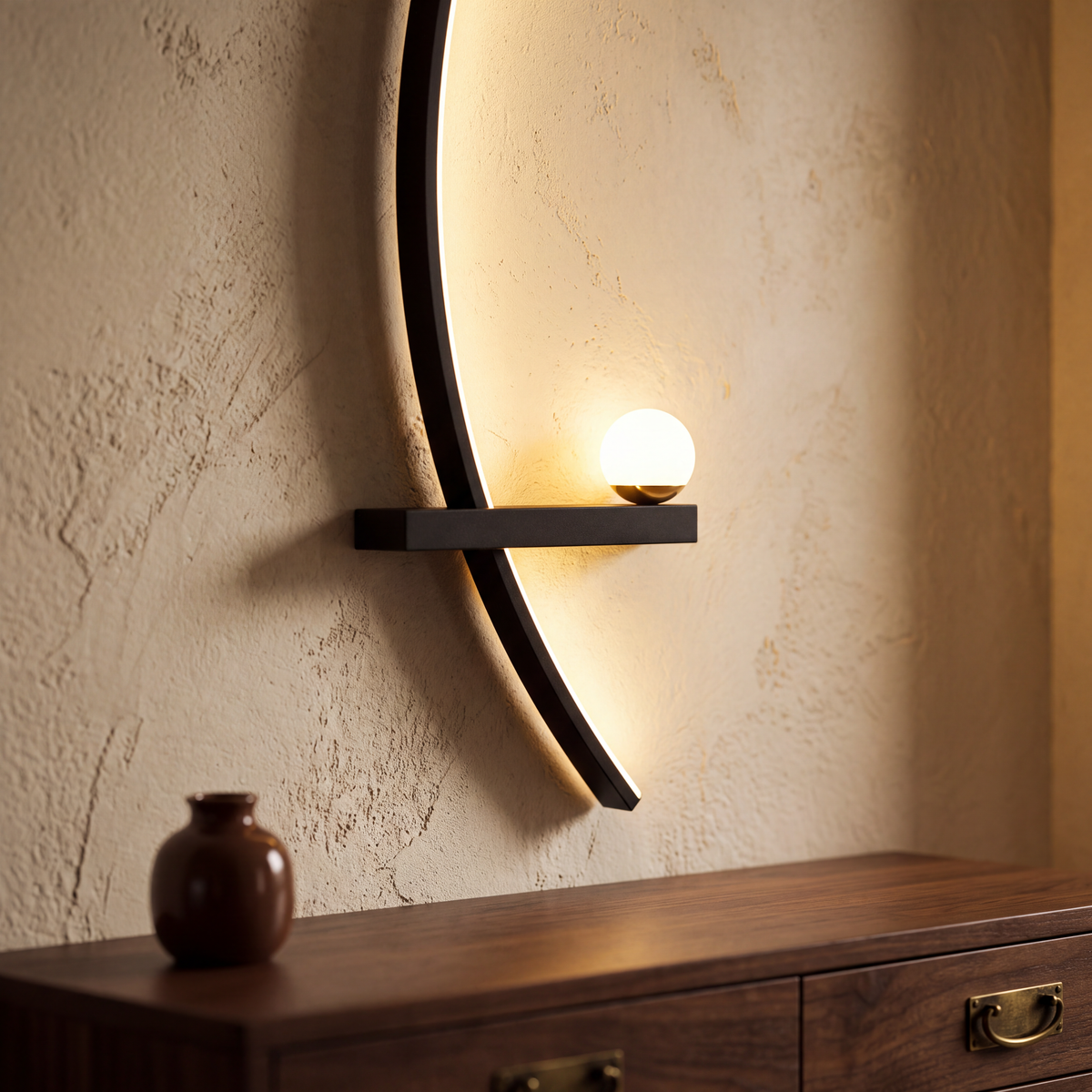Close view of the crescent lamp lit against a warm plaster wall