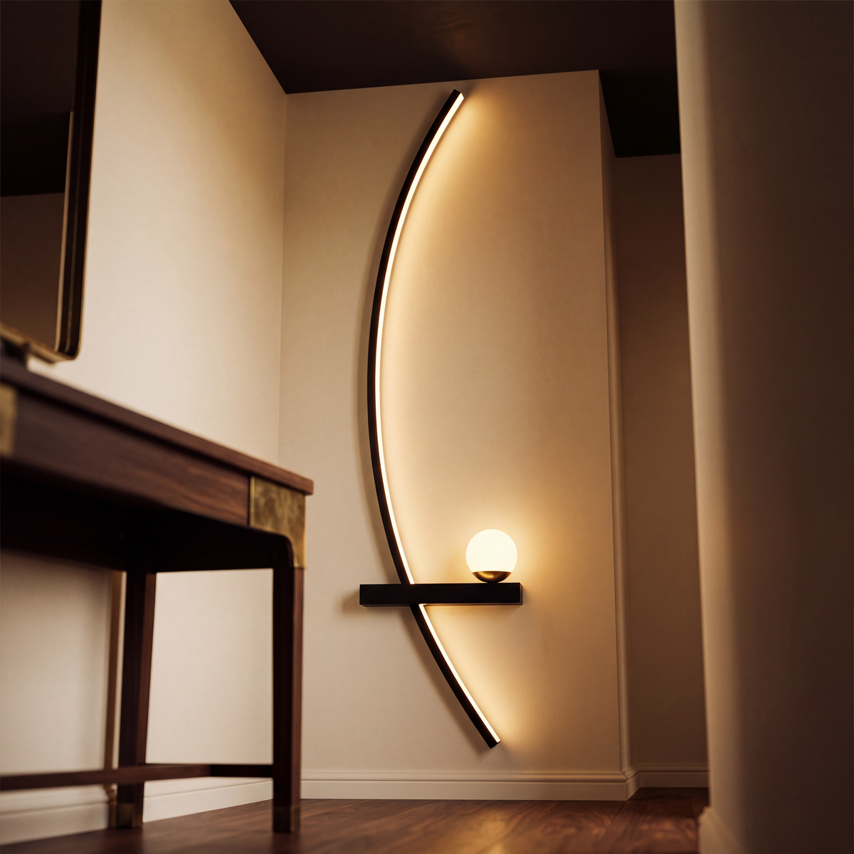 Looking up the full length of the crescent lamp on a tall hallway wall