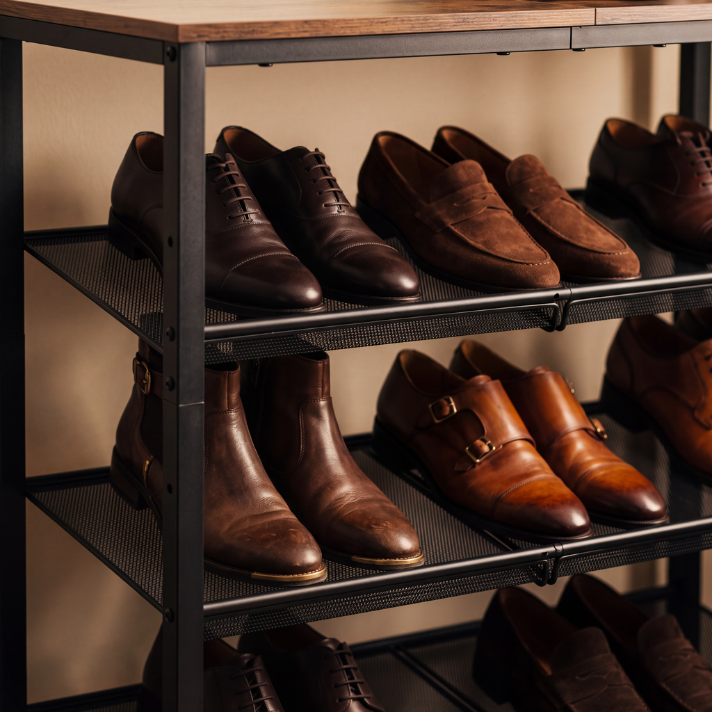 Close view of the angled steel mesh shelves with shoes displayed face out