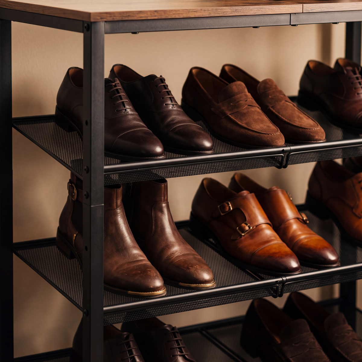 Close view of the angled steel mesh shelves with shoes displayed face out