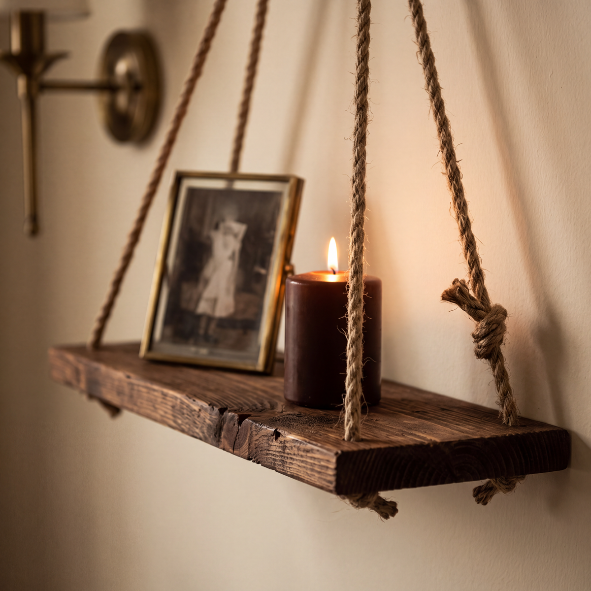 Close view of the knotted rope and recycled timber grain of the shelf