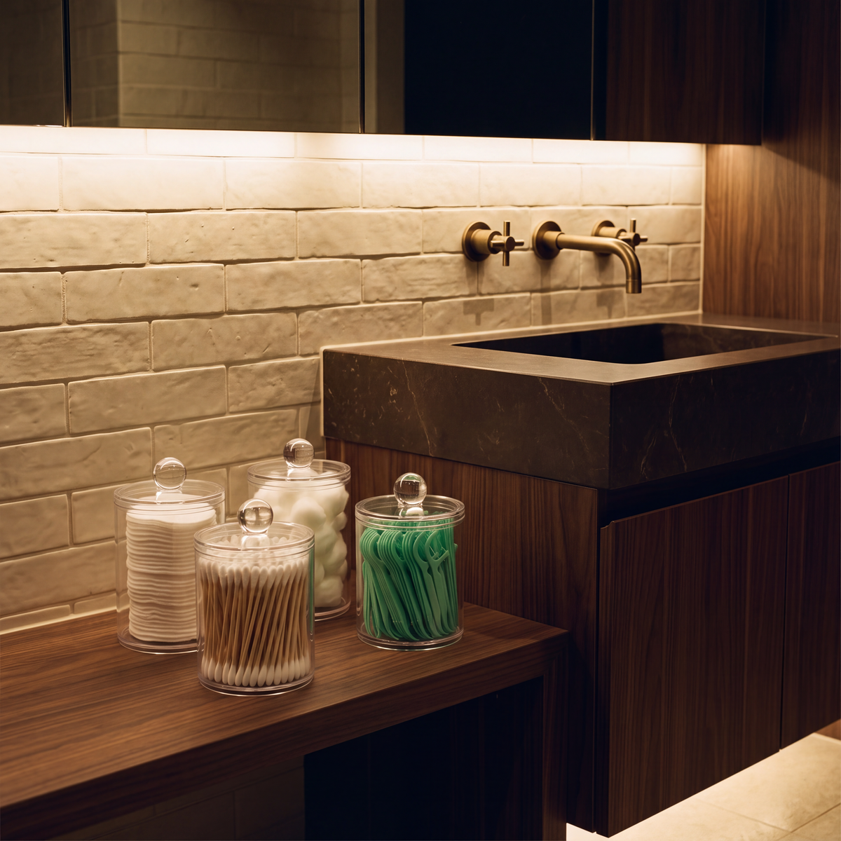 Four clear storage jars on a dark walnut bathroom vanity beside a stone basin