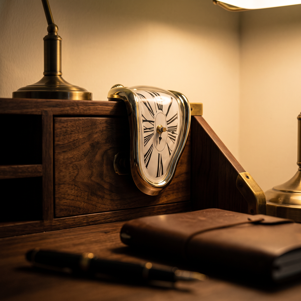 Melting clock folded over the corner of a walnut writing desk