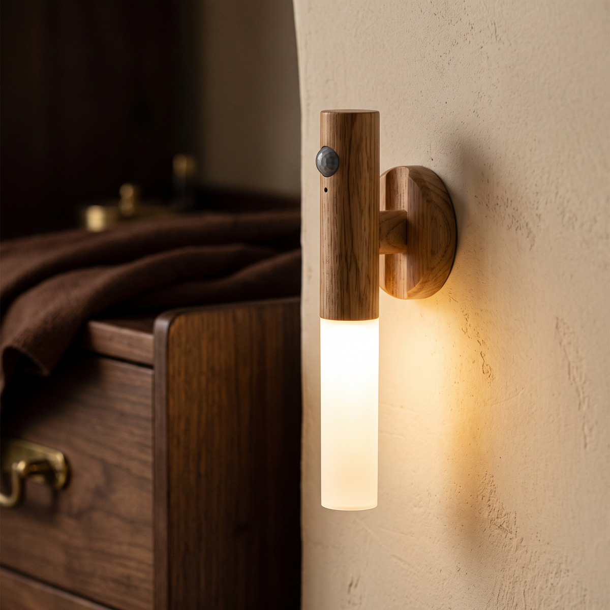 Close view of the wood finish night light mounted and lit on a plaster wall