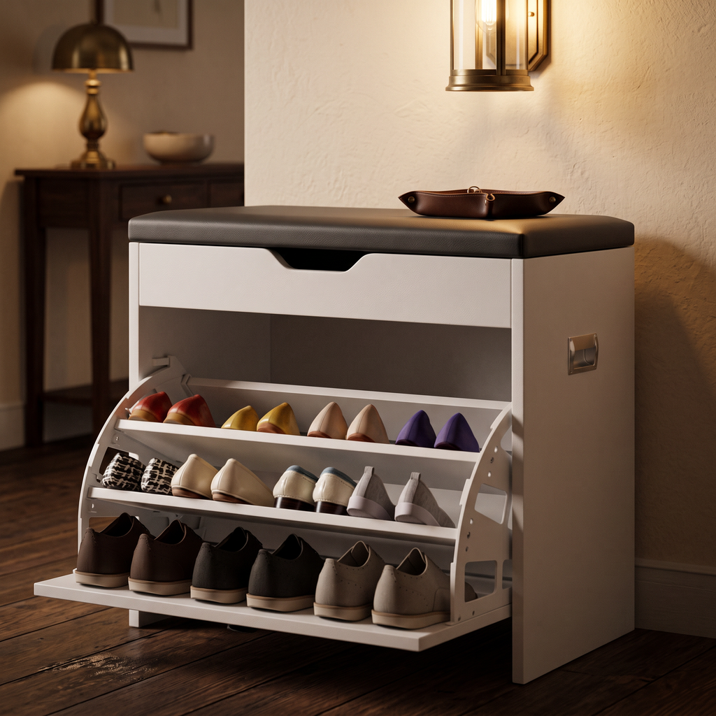 The bench with its front panel down showing the three tiers of shoes inside