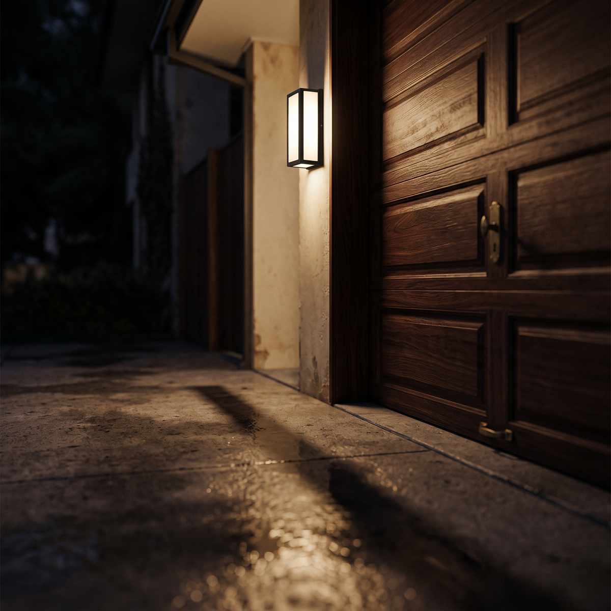The light above a garage door throwing a beam down a damp driveway