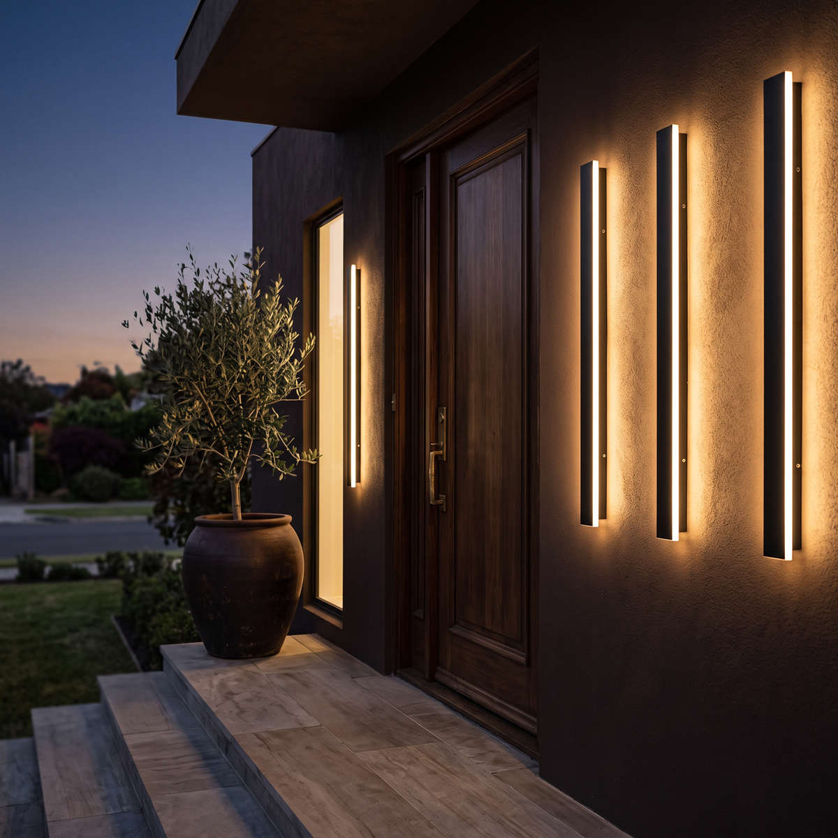 IP65 outdoor wall lights beside the timber front door of a home at dusk