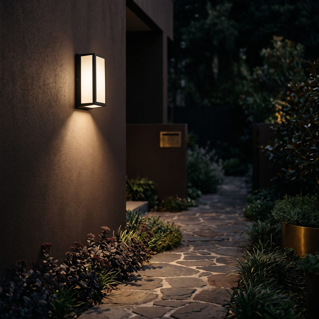 Motion sensor wall light casting a warm fan of light over a side path at night