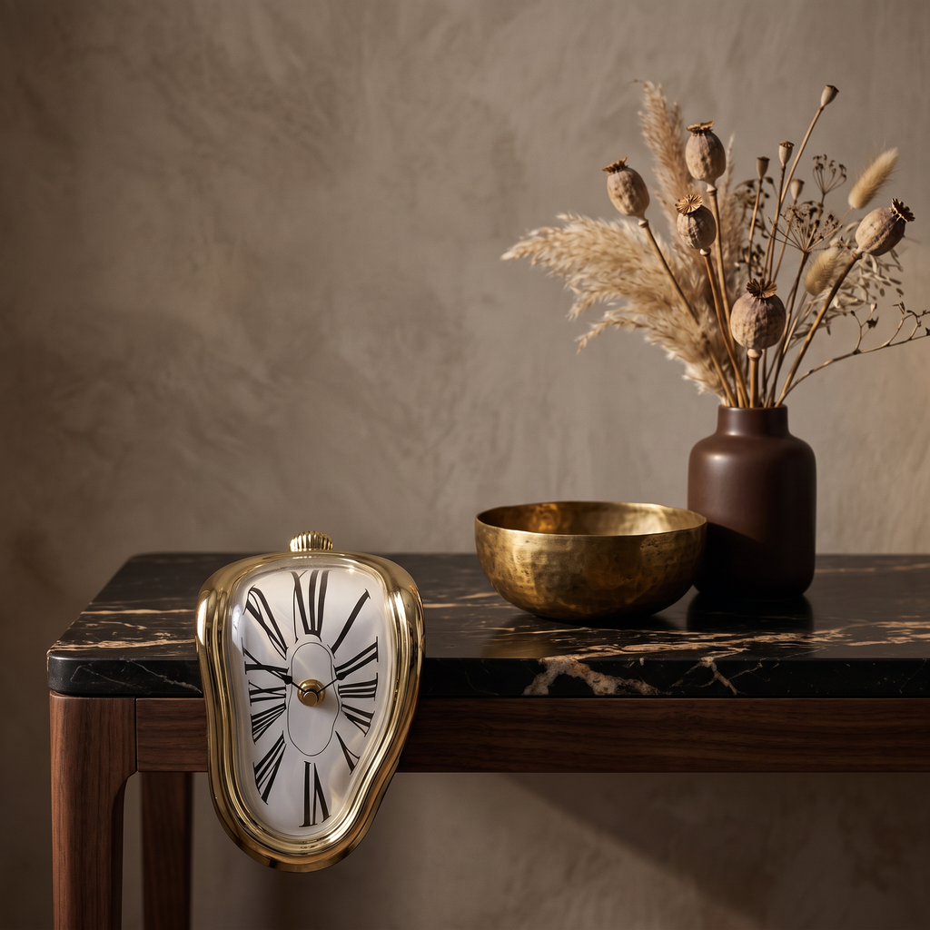 Melting clock styled on a marble console with a brass bowl and dried stems