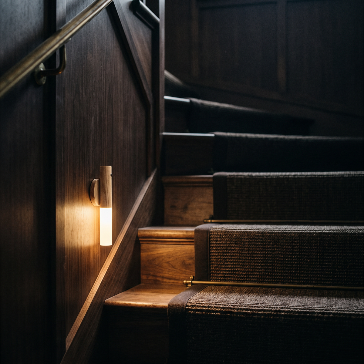 Night light mounted low on a staircase wall lighting the treads