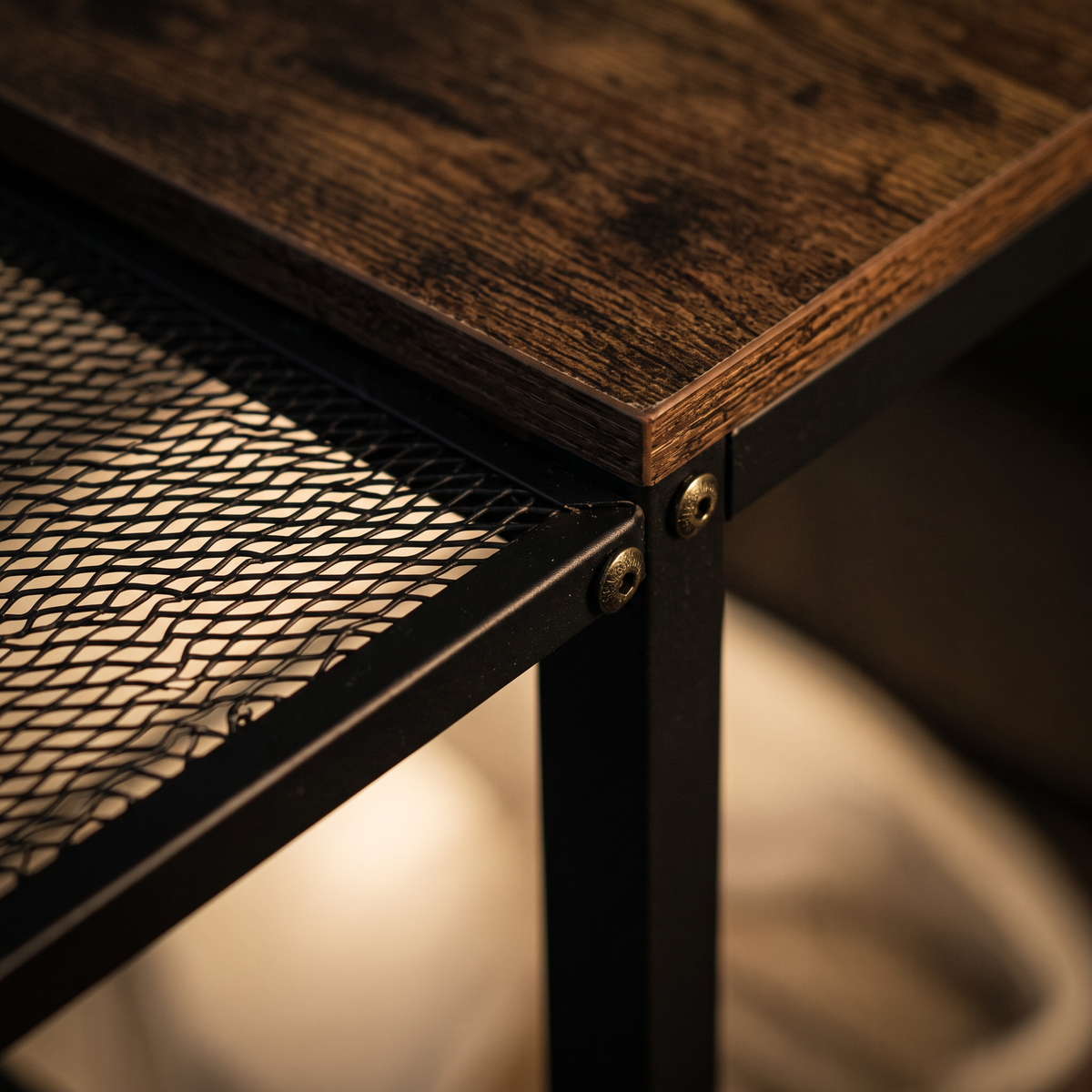 Close view of the steel mesh shelf meeting the rustic brown top board
