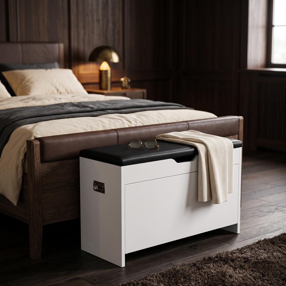 The bench closed at the end of a bed in a dark panelled bedroom