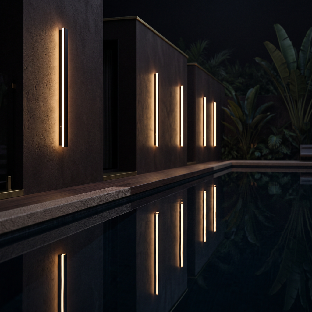 A run of the lights along a wall beside a still pool at night