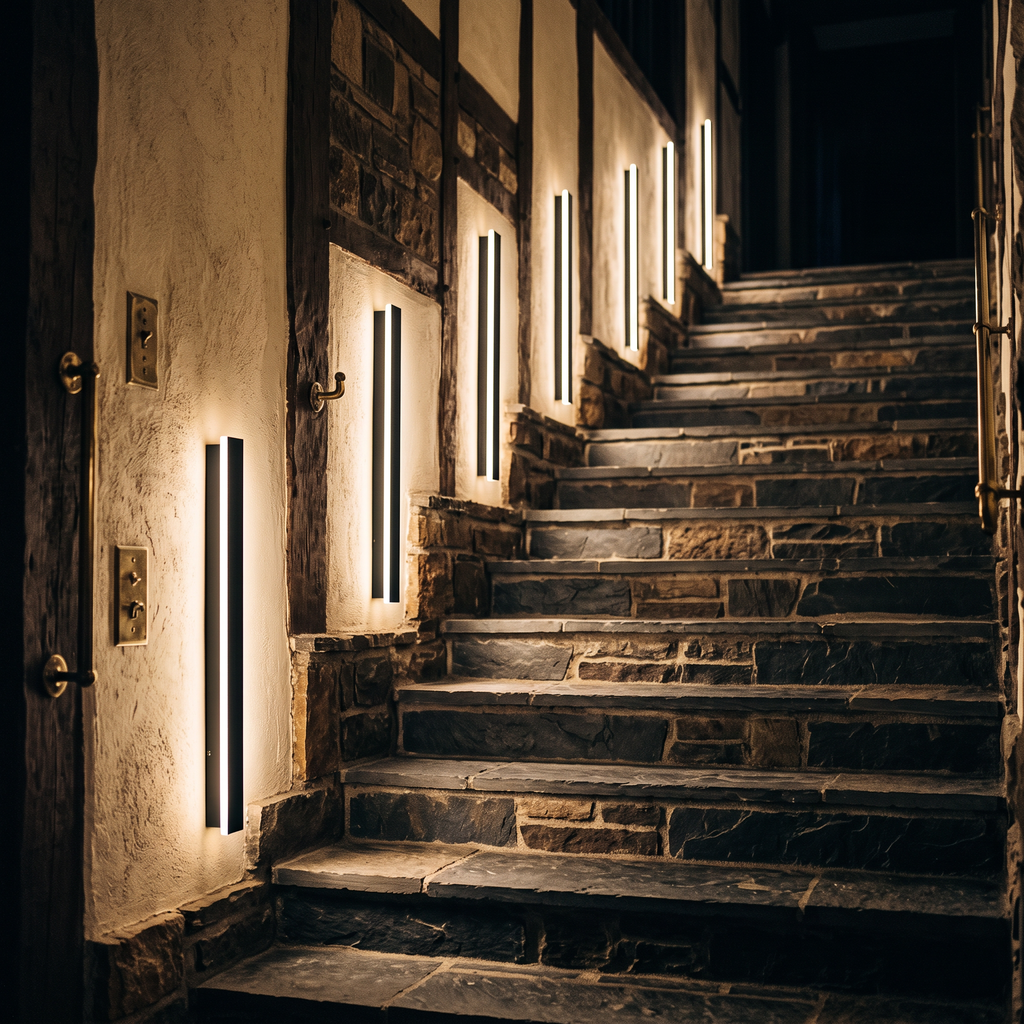 The lights stepped up the wall alongside an external stone staircase