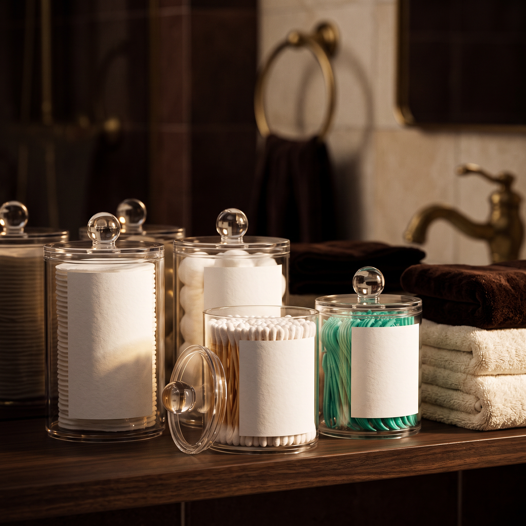 The jars arranged along an open walnut shelf beside folded towels