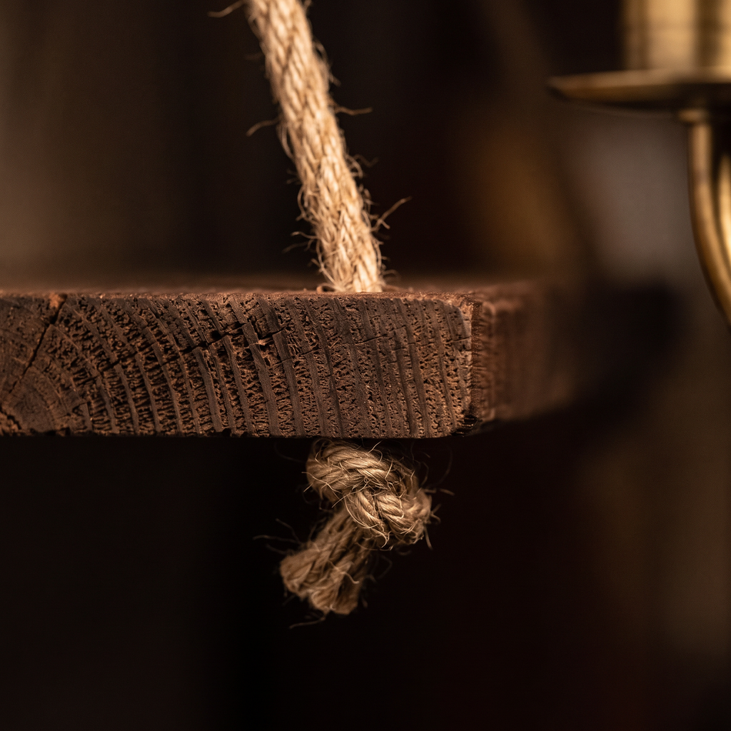 Macro of the timber end grain where the rope passes through and knots