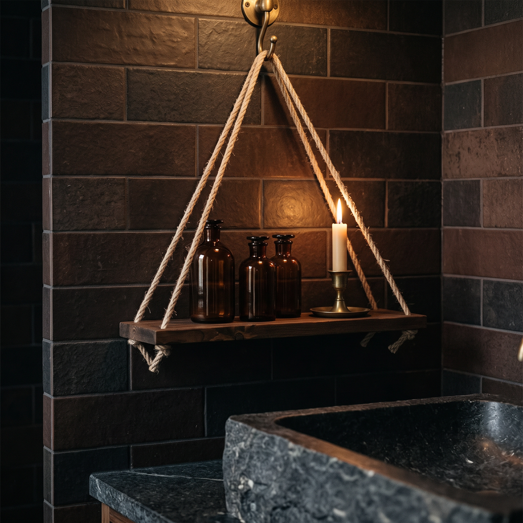 Rope shelf in a dark bathroom holding amber bottles and a candle