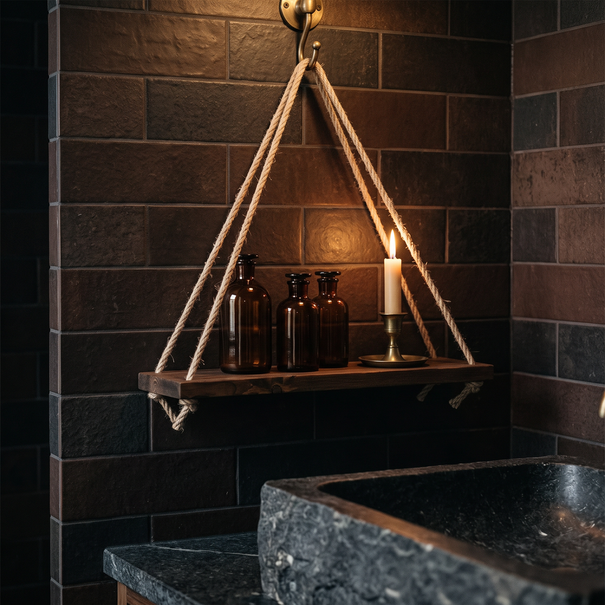Rope shelf in a dark bathroom holding amber bottles and a candle