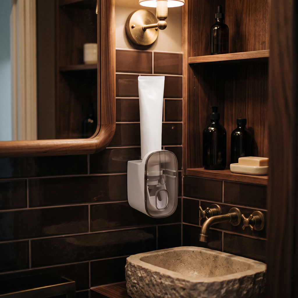 The dispenser in a small powder room with dark glazed tiles