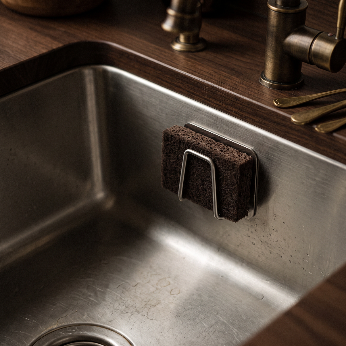 Overhead view into the sink with the sponge holder on the inner wall