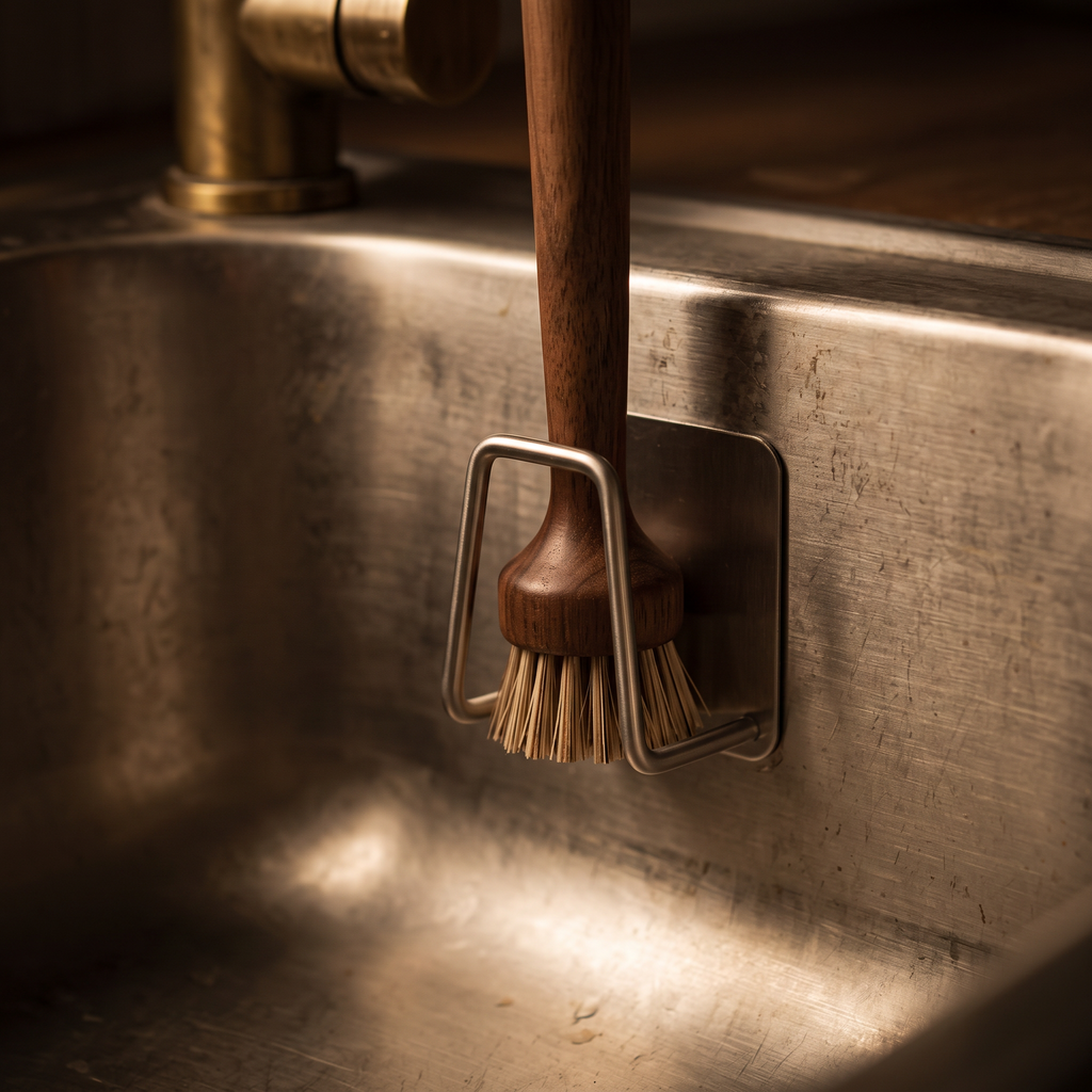 Side view of the holder with a dish brush standing in the wire loop