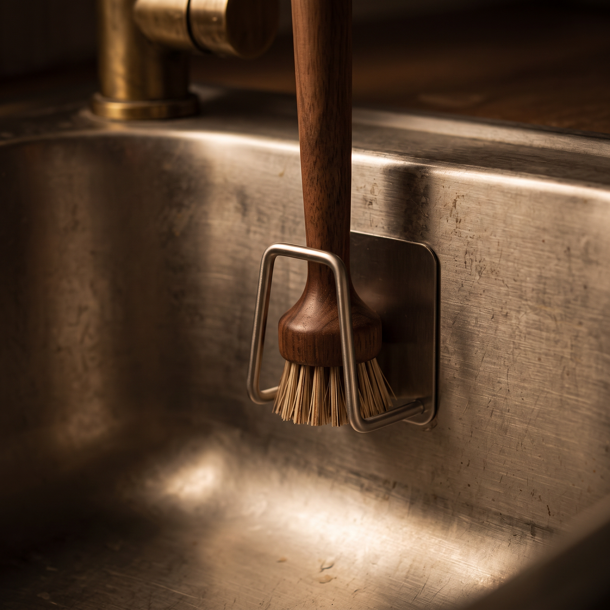 Side view of the holder with a dish brush standing in the wire loop