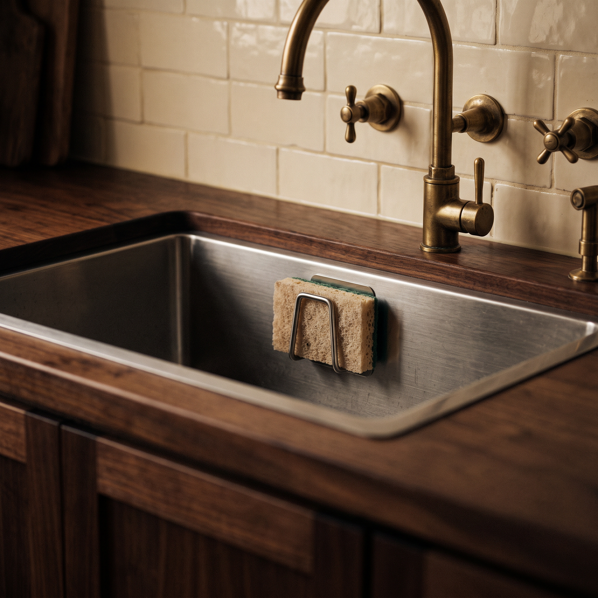 Stainless steel sponge holder in a sink in a dark walnut kitchen