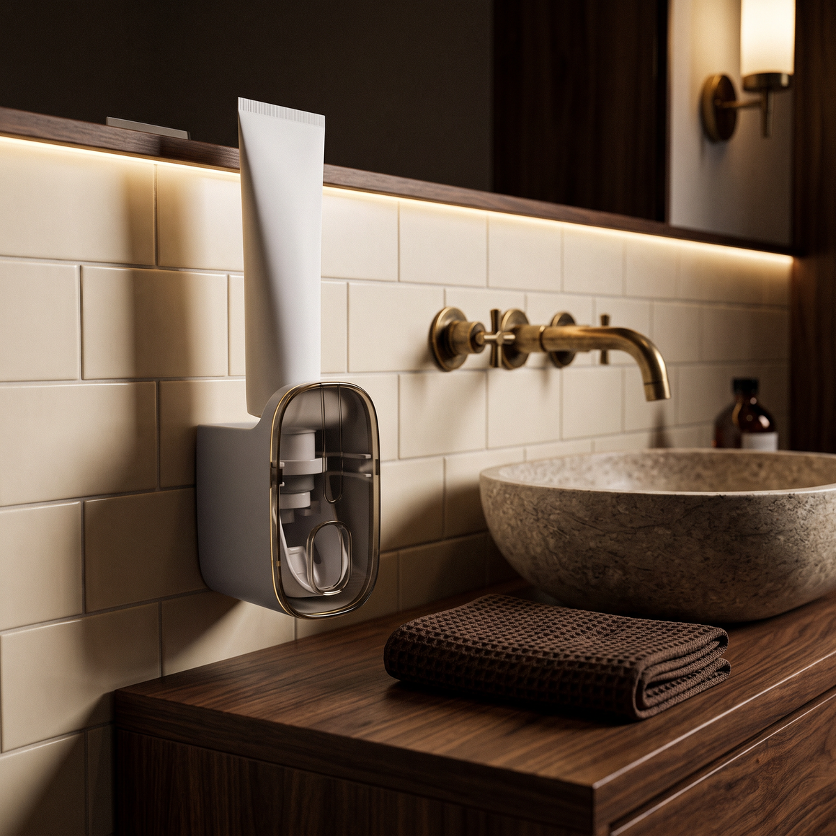 Toothpaste dispenser mounted beside a stone basin in a dark bathroom