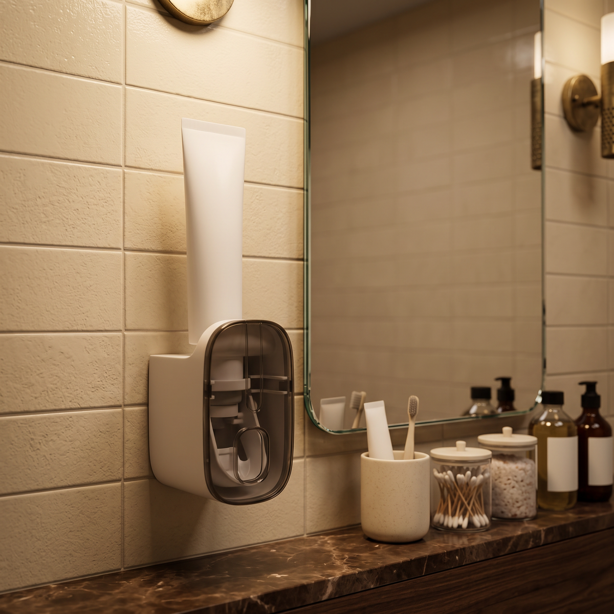 The dispenser mounted beside a frameless bathroom mirror