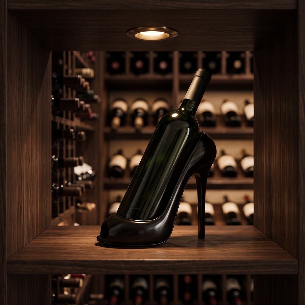 The heel holder on a timber shelf in a wine nook