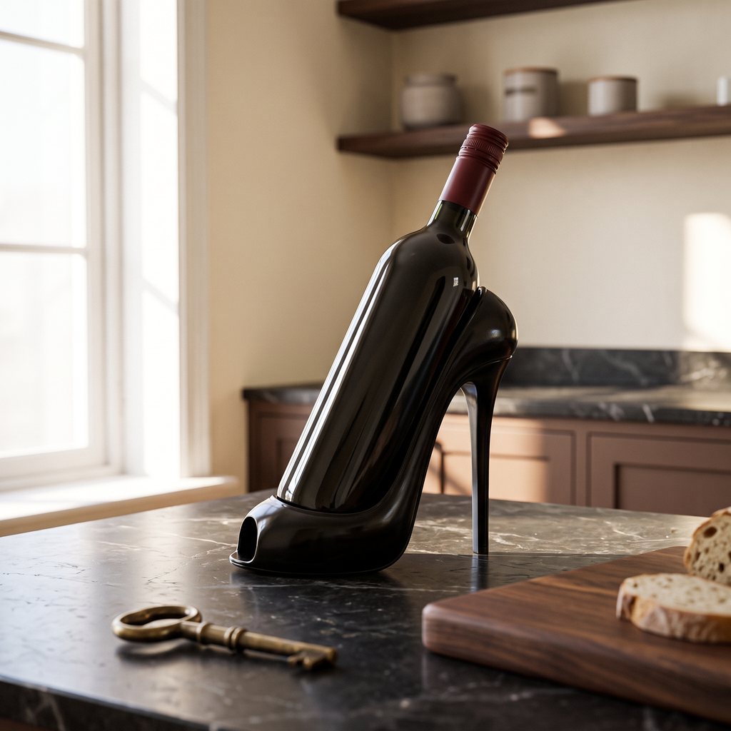 The heel holder with a bottle on a dark marble kitchen island
